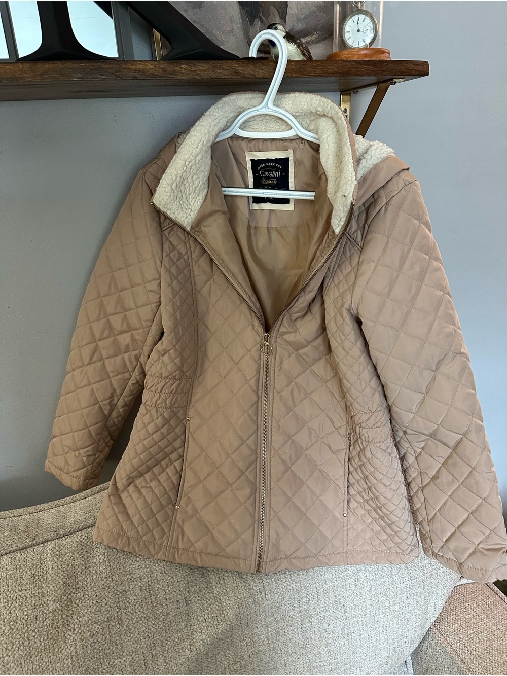 Cavalini Quilted Tan Hooded Puffer Jacket with Sherpa Trim